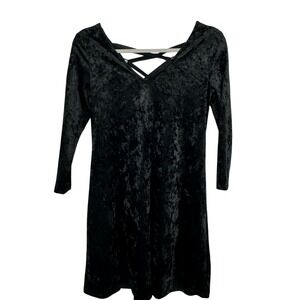 A. Byer 90s Black Velvet Crushed Long Sleeve V Neck Criss Cross Back Mini Dress